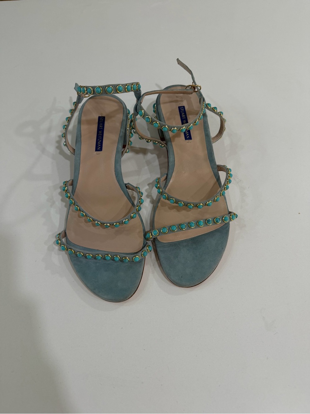 Stuart Weitzman Turquoise Suede Beaded Strap Sandals